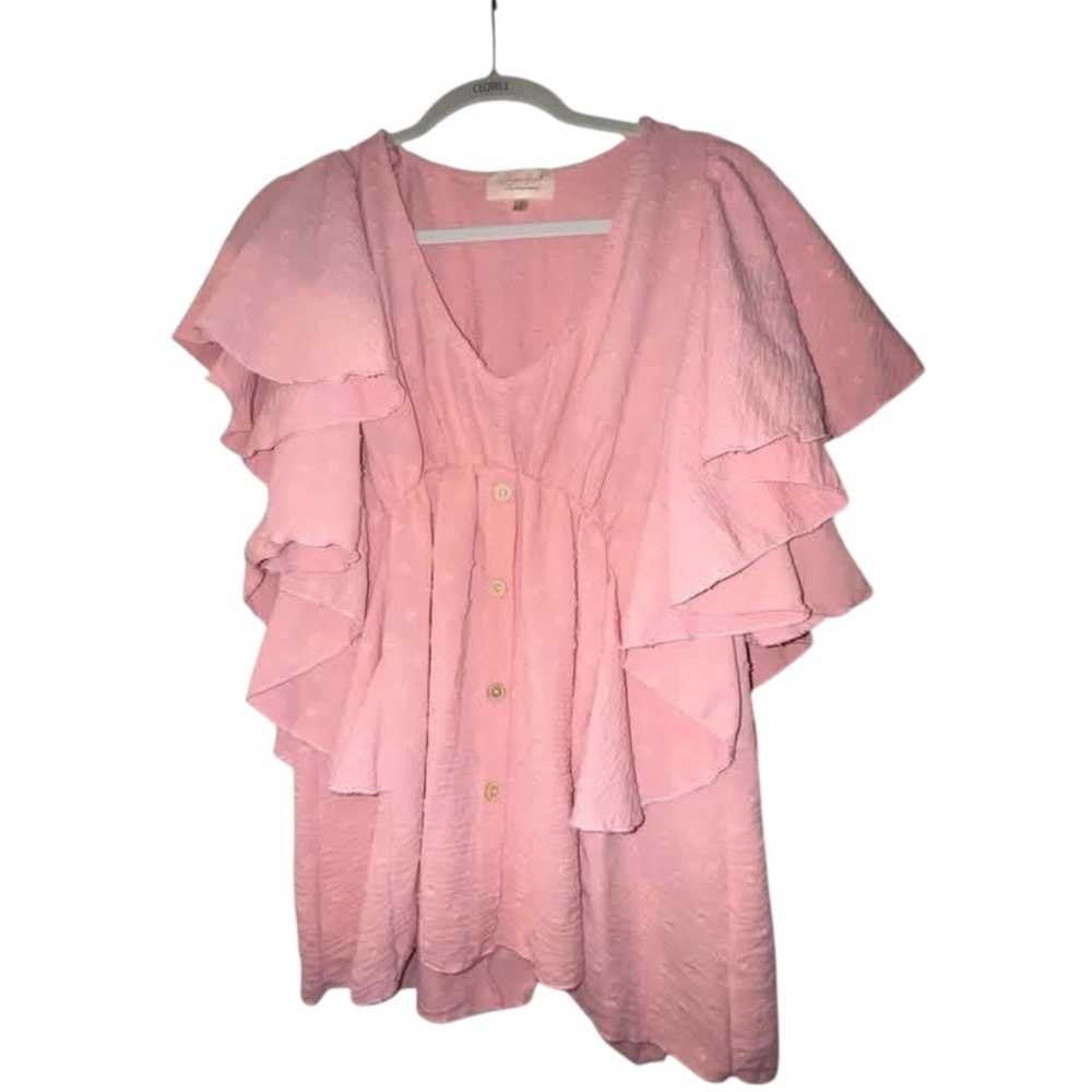 Pink Ruffle Sleeve Button-Front Swiss-Dot Flutter-Sleeve Blouse - worn once. EUC